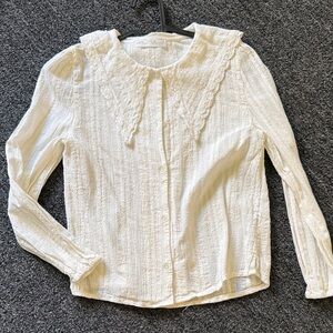 Zara Cream Textured Lace-Trim Button-Down Shirt